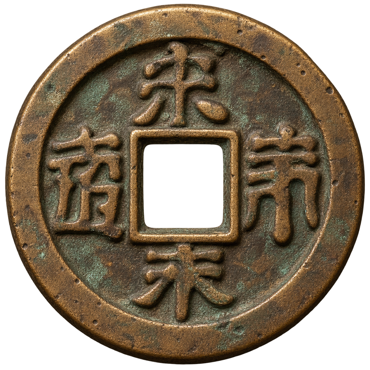 Moeda chinesa antiga de bronze com abertura quadrada
