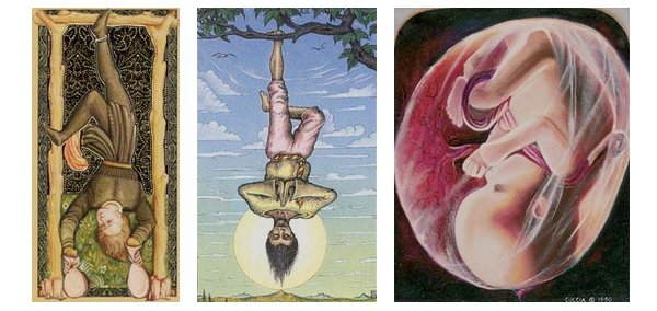 O Pendurado em três versões: Tarot Dourado da Renascença, Cosmic Tarot e Ancestral Path