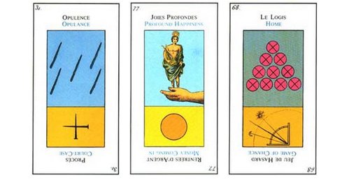 Cinco de Paus (Opulência / Ouro), Ás de Ouros (Bolsa / Entrada de Dinheiro) e Dez de Ouros (Loteria ou Ganhos pela Sorte) Imagens do Thoth Tarot de Etteilla in www.tarot.com