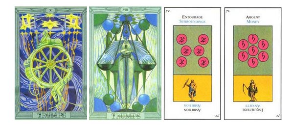 A Roda da Fortuna e O Ajustamento, no Toth Tarot; o Seis e o Sete de Ouros no Tarô de Etteilla Fontes das imagens www.trionfi.com (Tarô de Crowely) e www.tarot.com (Tarô de Etteilla)