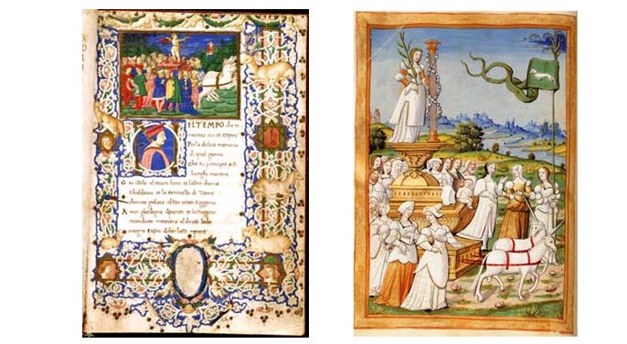 Esquerda: Triunfo do Amor - "Trionfi e canzoniere” de Petrarca, Cod. Palatino 192, séc. XV - Biblioteca Nacional de Florença. Direita: Triunfo da Castidade - “I Trionfi” de Petrarca, Ms. Français, 594, 1503. Biblioteca Nacional de Paris.