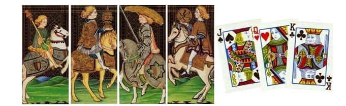 À esquerda, os Cavaleiros de Paus, Copas, Espadas e Ouros no Tarô Visconti-Sforza (1435-1440) À direita, Valete de Espadas, Dama de Ouros e Rei de Paus no baralho anglo-americano (Séc. XIX)