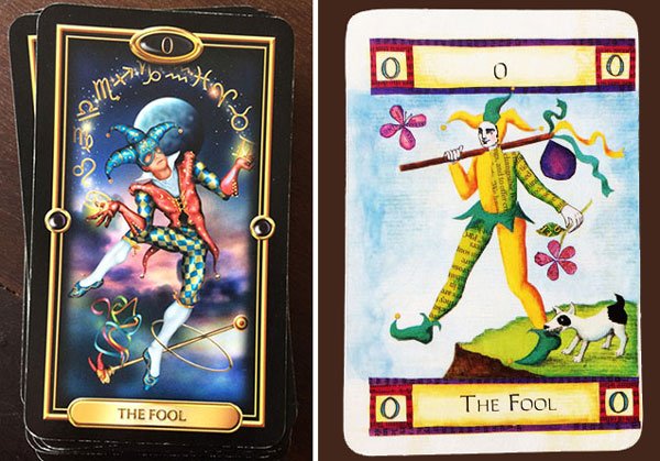 No Louco do Gilded Tarot (à esquerda) vejo a natureza pisciana, porque ele inclui todos os signos, sendo um pouco de cada. O personagem do Art of Tarot (à direita) identifico como Sol em Peixes pela natureza leve, um tanto ingênuo, seguindo seu destino sem medo do que vem pela frente.