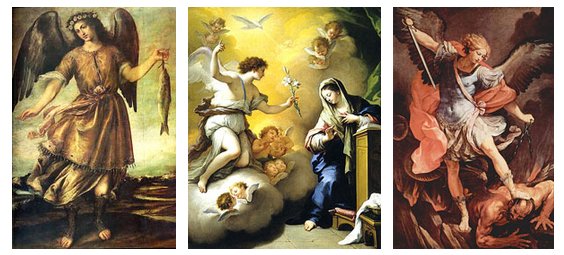 Os Arcanjos Rafael, Gabriel e Miguel À esq.'Rafael' de Bartolome Roman. Ao centro,'Anunciação' de Paolo de Matteis. À dir. 'Miguel' de Guido Reni.