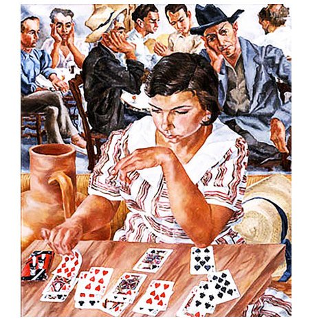 O baralho nas mãos de uma cartomante e no jogo entre os homens. Cafe Fortune Teller, 1933. De Mary Hoover Aiken (1907-1992). Telfair Museum of Art, Savannah, Georgia.