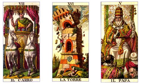  [1] O Carro, [2] A Torre e [3] O Papa Reproduções do clássico 'Tarocco di Carlo Della Rocca' (original de 1835)