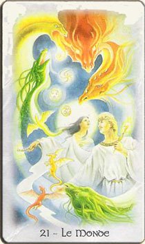Carta 21 o Mundo do Celtic Dragon Tarot de DJ Conway e Lisa Hunt