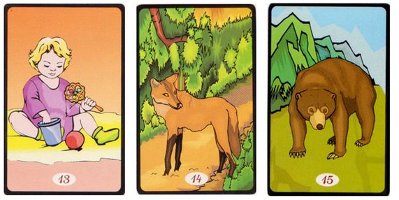 13.Criança, 14.Raposa e 15.Urso Cartas do 'Tarô Cigano'