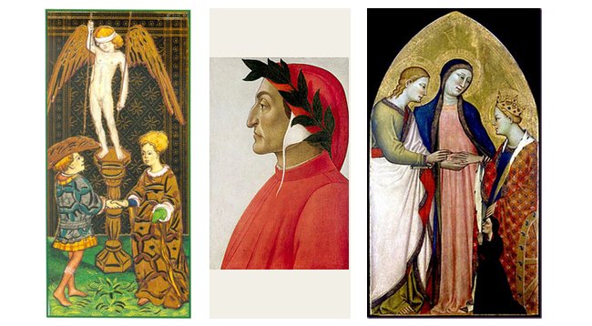 O arcano 6 no Visconti Sforza Tarocchi (1450); Dante Alighieri, coroado de louros, pintura de Sandro Botticelli (1495); Casamento Místico de Sta. Catarina de Alexandria (1379) - pintura de Giovanni del Biondo