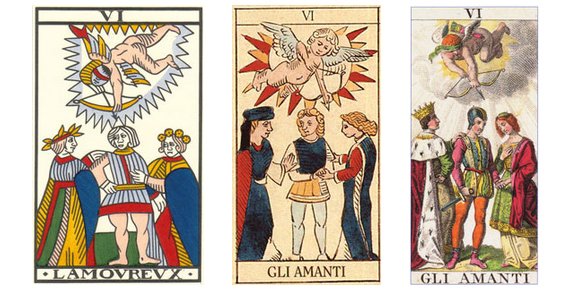 Os Amantes nos de Jean Noblet (1650); em gravura de baralho italiano; no I Tarocchi Classici de Rocca e Gumppenberg (1835)
