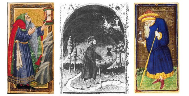 O Eremita, da esquerda para a direita: no Visconti Sforza Tarocchi (séc XV); numa iluminura do Norte da Itália (1459); no Tarô de Charles VI (séc. XV)