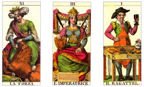 [4] A Força, [5] A Imperatriz e [6] O Mágico Reproduções do clássico 'Tarocco di Carlo Della Rocca' (original de 1835)