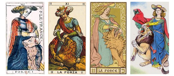 À partir da esquerda:, quatro representações da Força: Jean Dodal (1701); I Tarocchi Classici Rocca e Gumppenberg (1835); Oswald Wirth Tarot (1889); Tarocchi Ermetici (1995).