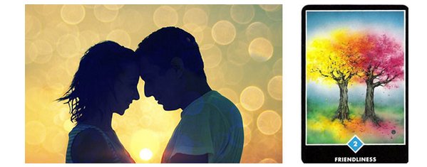 O Amor, a delicada arte de equilibrar comprometimento íntimo com liberdade. À esquerda, imagem do www.indipepper.com. À direita, o Dois de Copas no Osho Zen Tarot