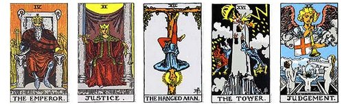 3. Imperador, 8. Justiça, 12. Pendurado, 16. Torre e 21. Julgamento Cartas do Tarot Rider-Waite