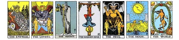  3. Imperatriz, 6. Amantes, 9. Eremita, 12. Pendurado, 15. Diabo, 18. Lua e 21. Mundo Cartas do Tarot Rider-Waite