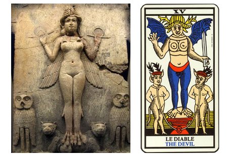 Lilitu, à esquerda, o terrível espírito da noite (placa sumeriana em terracota). O Diabo, à direita, no Tarot de Marselha. Mera semelhança...?!