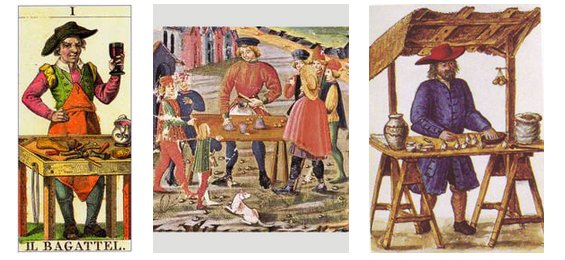 "Il Bagattellieri", o Prestidigitador, no Tarô Clássico italiano (1835), à esquerda;ao centro a pintura de um mágico de rua medieval e, à direita, um feirante de alho