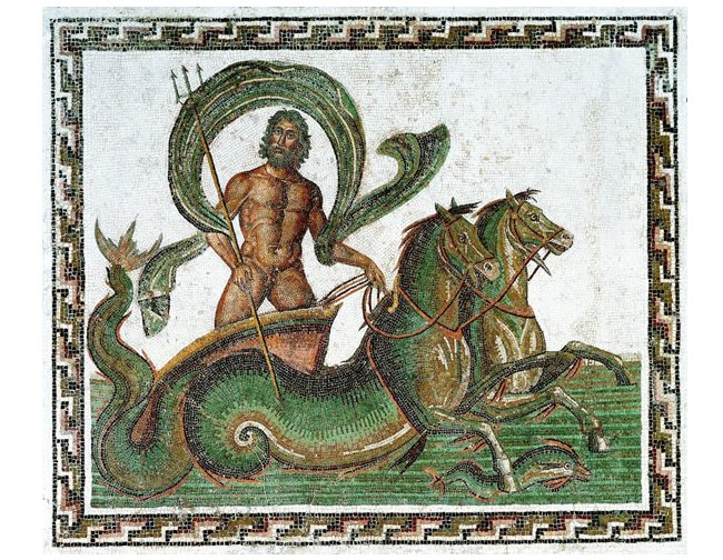 Netuno em seu carro triunfal puxado por hipocampos. Obra de meados do séc. 3 a.C. em www.en.wikipedia.org/wiki/Neptune_(mythology)