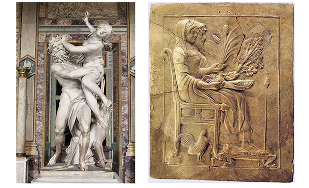 O rapto de Persefone por Hades e o posterior entendimento entre eles Escultura de Bernini (1622) e o quadro em cerâmica-terracota encontrada na Calabria (Sec. 5 AC)