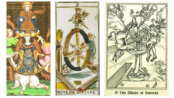 Três versões antigas da Roda da Fortuna: à esquerda, Visconti Sforza Tarocchi (séc XV); ao centro, Ancient Tarot of Bologna (1780); à direita, Ship of Fools Tarot (2002).