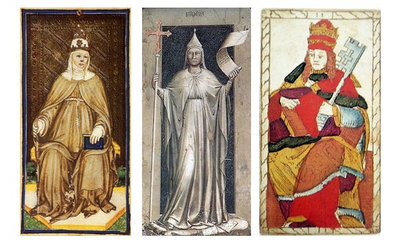 A Papisa, à esquerda, no Tarocchi Viconti-Sforza, 1450. Ao centro, Fides (Fé), afresco de Giotto, 1306, na Capella de Scrovegni, em Pádua. À direita, a Papisa no tarô francês de Catelin Geoffroy, 1557.