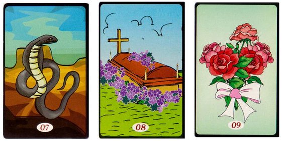 7.Serpente, 8.Caixão e 9.Ramalhete Cartas do 'Tarô Cigano'