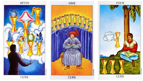O Sete, o Nove e o Quatro de Copas Cartas do Radiant Rider-Waite Tarot