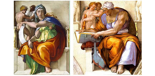 Sibila Défica e Sibila de Cumas pintadas por Michelangelo no teto da Capela Sistina.