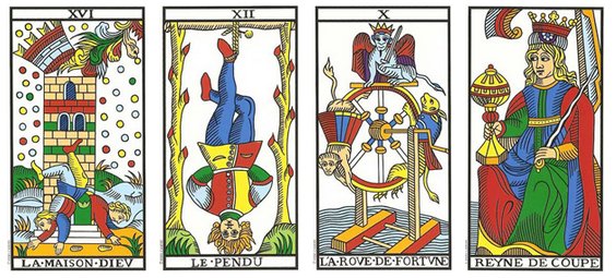 A Torre, O Enforcado, A Roda da Fortuna e a Rainha de Copas Tarô de Marselha restaurado por Camoin-Jodorowsky