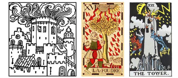 À esquerda, gravura de uma Torre em chamas, num manuscrito do séc. XV; e nos tarôs Vandenborre Bacchus Tarot (1780) e Rider Waite-Smith (1910)