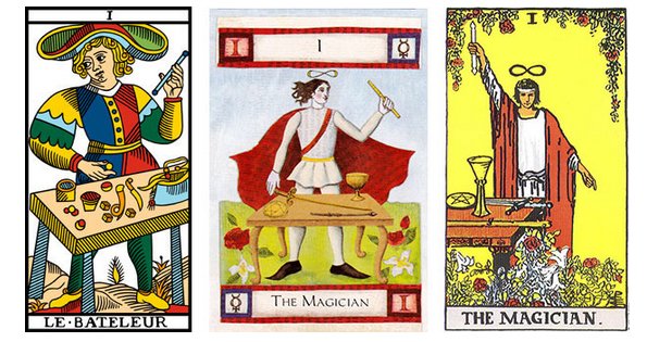 Três representações de O Mago nos tarôs de Marselha (Sol em Gêmeos), Art of Tarot (Ascendente em Áries) e Waite (Lua em Leão)