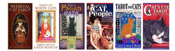 Alguns baralhos figurados por gatos (a partir da esquerda): Medival Cat Tarot, Tarot of White Cats, Tarot of Pagan Cats, Tarot of the Cat People, Tarot for Cats e Cat's Eye Tarot.