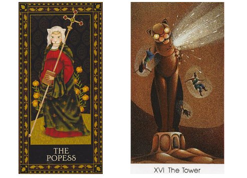 A Papisa (Sacerdotisa) no The Medieval Cat Tarot e a A Torre no The Cat People Tarot