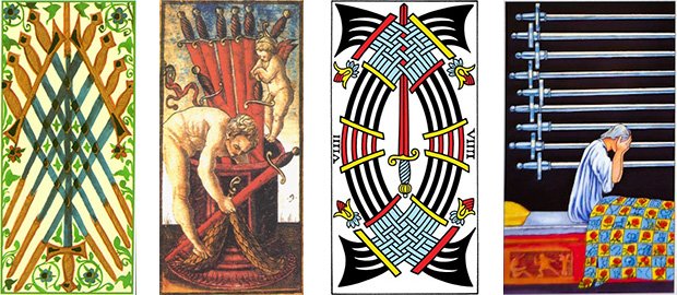 O Nove de Espadas nos tarôs: Visconti Sforza (1450), Sola Busca (1490), Marselha (1750) e Waite (1910)