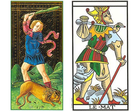 A Força no Tarô Visconti-Sforza (1450) e o Louco no Tarô de Marselha (1750)