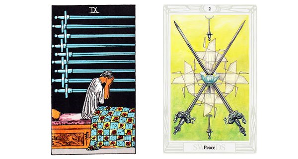 O 9 de Espadas do Rider-Waite. O 2 de Espadas do Thoth Tarot, de Aleister Crowley.