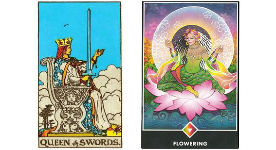 A Rainha de Espadas do Rider-Waite Tarot e a Rainha de Arco-Íris (Ouros) do Osho Zen Tarot