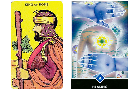 O Rei de Paus do Morgan-Greer Tarot. O Rei de Copas do Osho Zen Tarot.