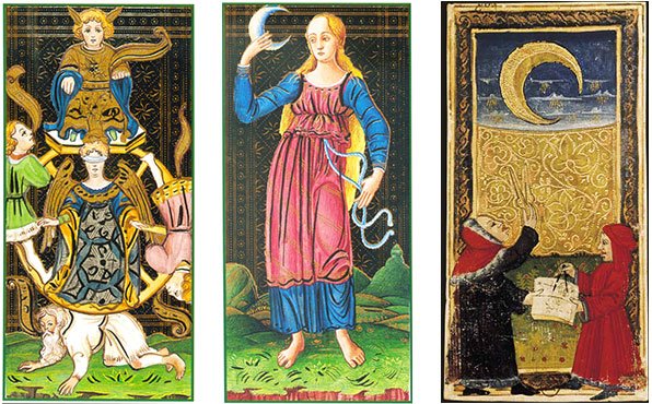 Roda da Fortuna e Lua no Tarô Visconti-Sforza (1450) e a Lua no Tarô Gringonneur (1450)