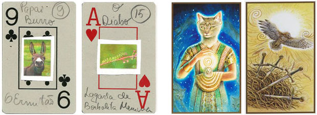 Esboço de cartas do Tarô do Jogo do Bicho e reproduções do Animals Divine Tarot 