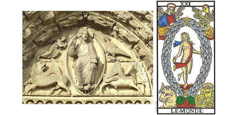 Detalhe do Pórtico da Catedral de Chartres (1260) e a carta do Mundo no Tarô de Marselha (1760)