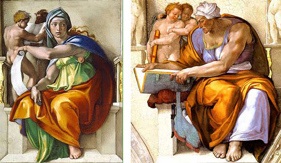  Sibila Délfica e Sibila de Cumas pintadas por Michelangelo no teto da Capela Sistina.