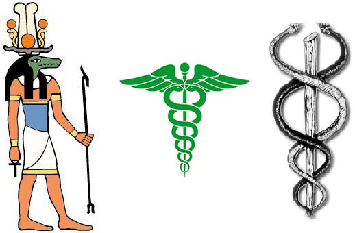 Imagem de Sobek, divindade egípcia com cabeça de crocodilo. Serpentes entrelaçadas no ícone da Medicinana e na representação de Ida-Pingala.