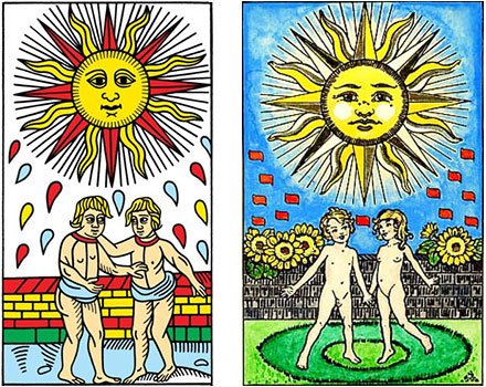 Representações usuais do arcano 19. O Sol: Tarô de Marselha (1750) e B.O.T.A. (Paul Foster Case - 1922)