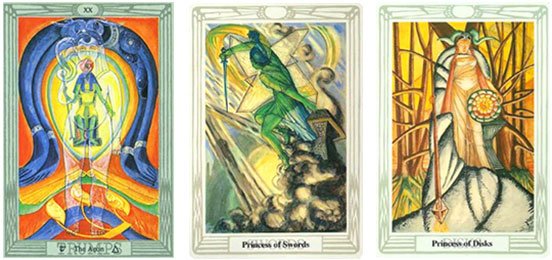No Tarô de Crowley: carta 20.Eon, Príncipe (Cavaleiro) de Espadas e Princesa (Valete) de Ouros