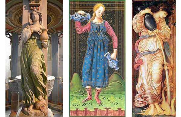 A virtude da Temperança na Igreja de Commana-França (1683); no Tarô Visconti-Sforza (1451) e na pintura de Edward Burne-Jones (1872)