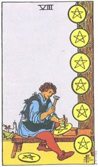 O Oito de Ouros no Rider-Waite-Smith Tarot, 1910
