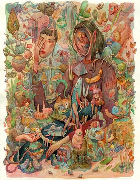 Aquarela surreal de Marija Tiurina sobre pensamentos confusos e ansiosos durante o isolamento social. Fonte: https://nerdizmo.uai.com.br