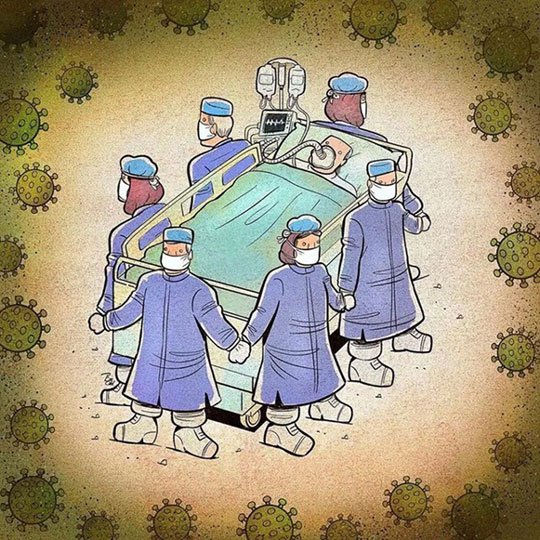 Ilustração de Alireza Pakdel: Profissionais da saúde contra o coronavírus Fonte: https://nerdizmo.uai.com.br